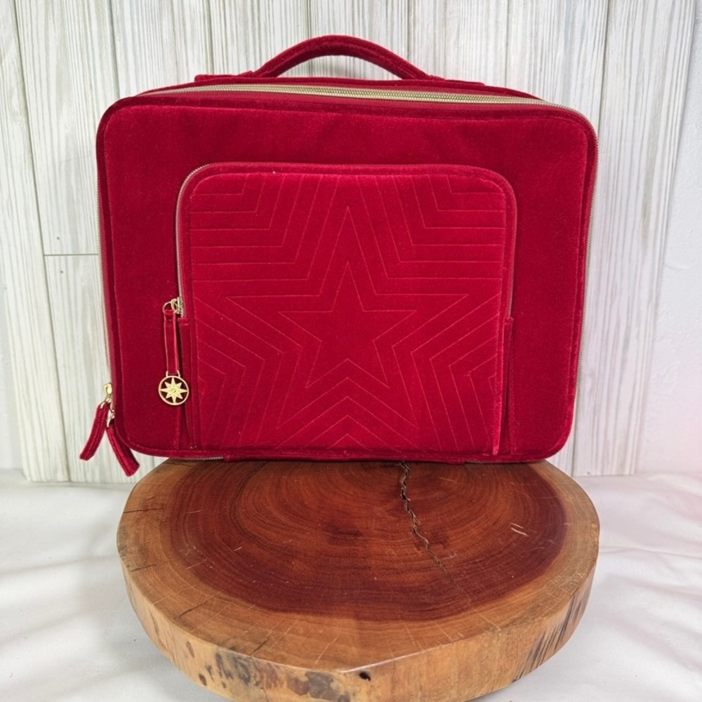 Estee Lauder Red Velvet Star‎ Quilted Train Case Cosmetic Makeup Travel Bag Gold